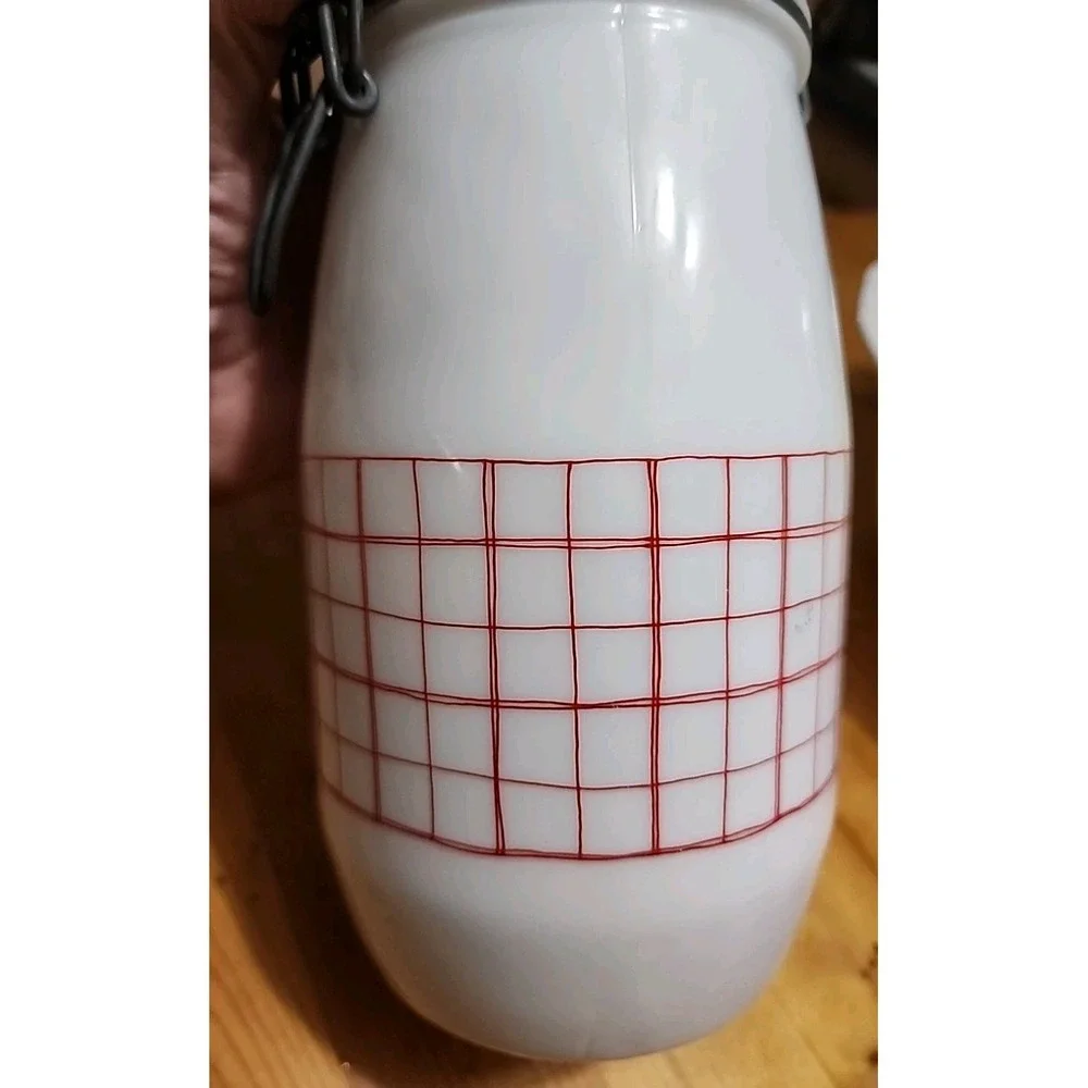 Vintage MCM Deco Wheaton Milk Glass Sugar Canister Red Grid 1.5L Red Lid